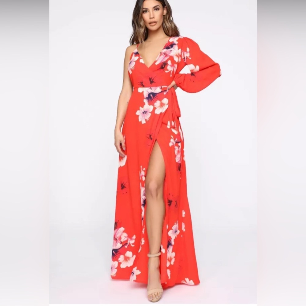 Floral Red One-Shoulder Dress